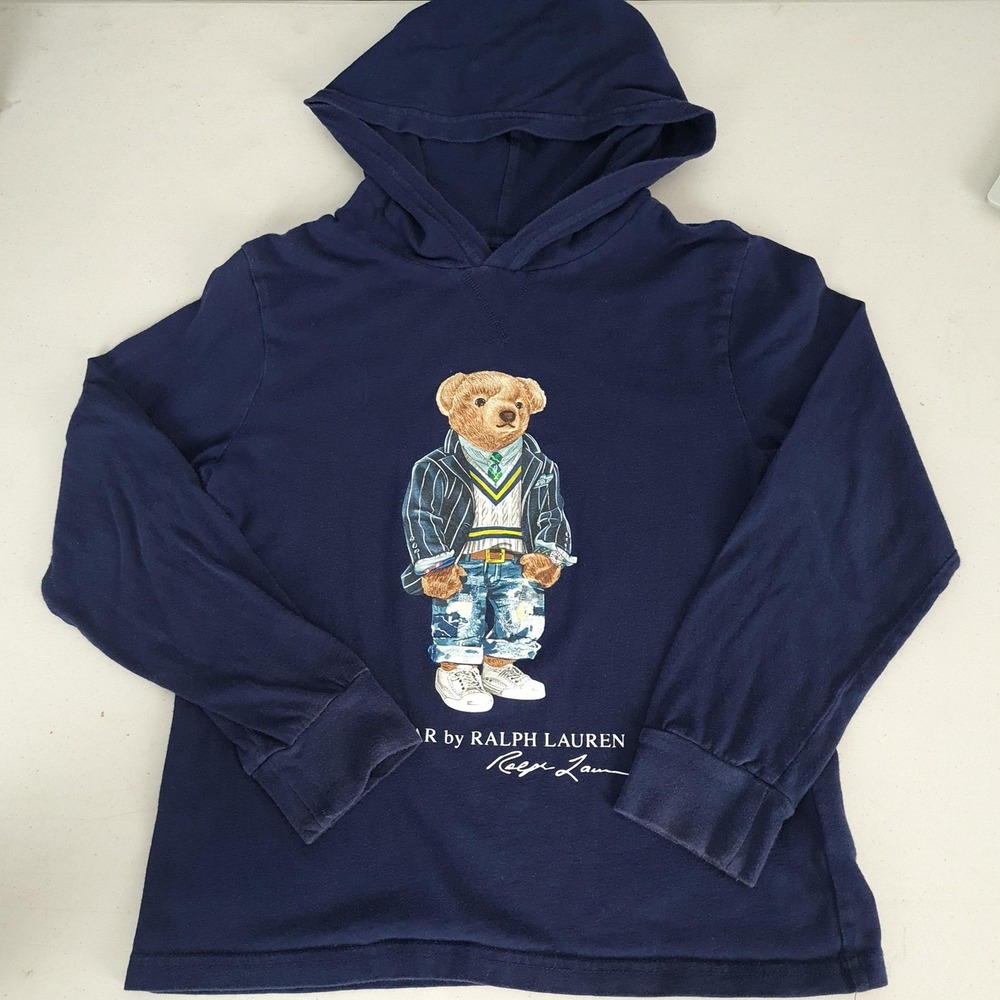 Polo Ralph Lauren Hooded Shirt Boys 10-12 Blue Polo Bear Graphic Long Sleeve